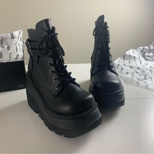 Demonia Shaker-52 Black Vegan Leather Platform Ankle Boots
